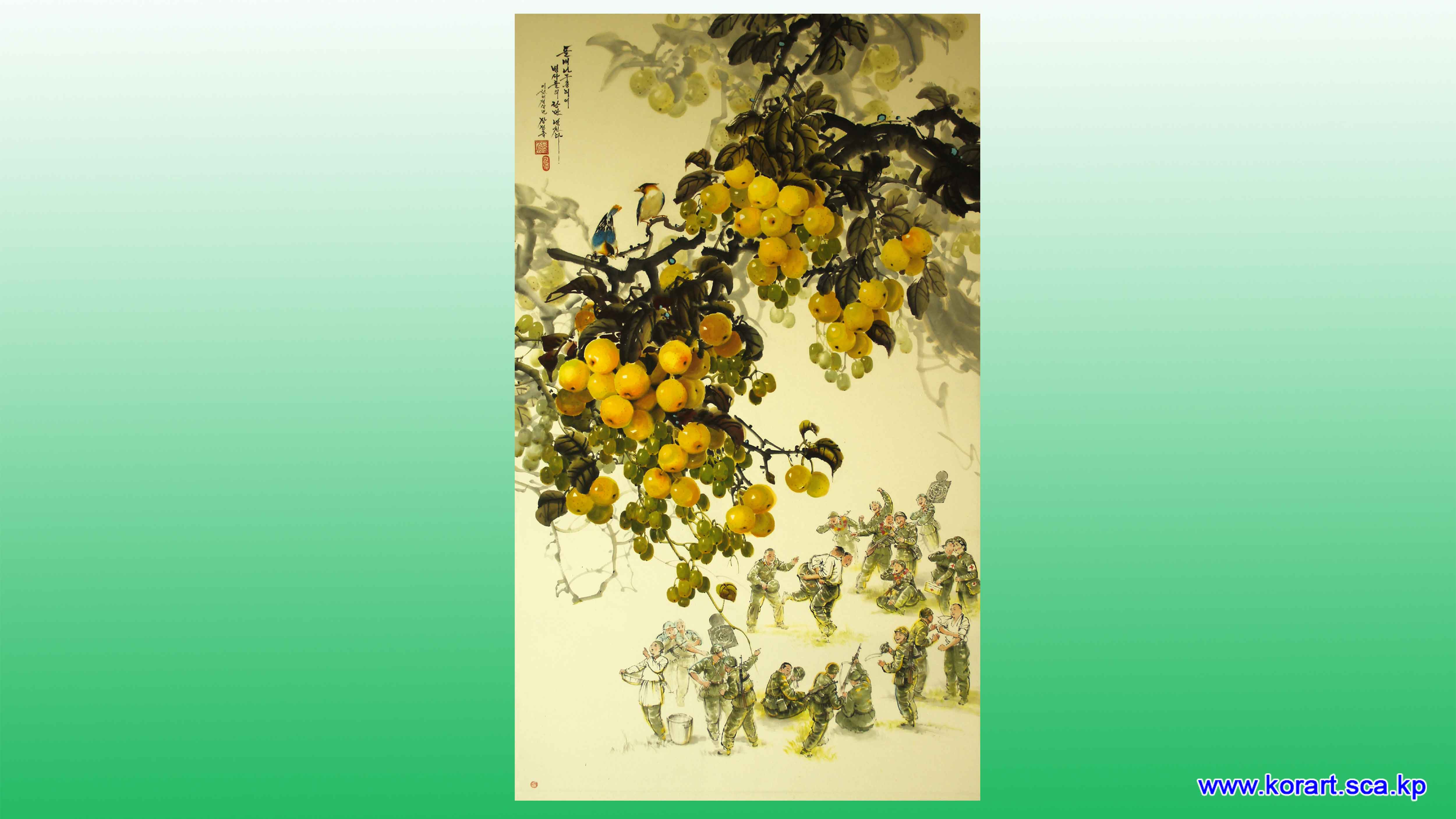 Korean painting During a break of training in the wild pear-tree company 