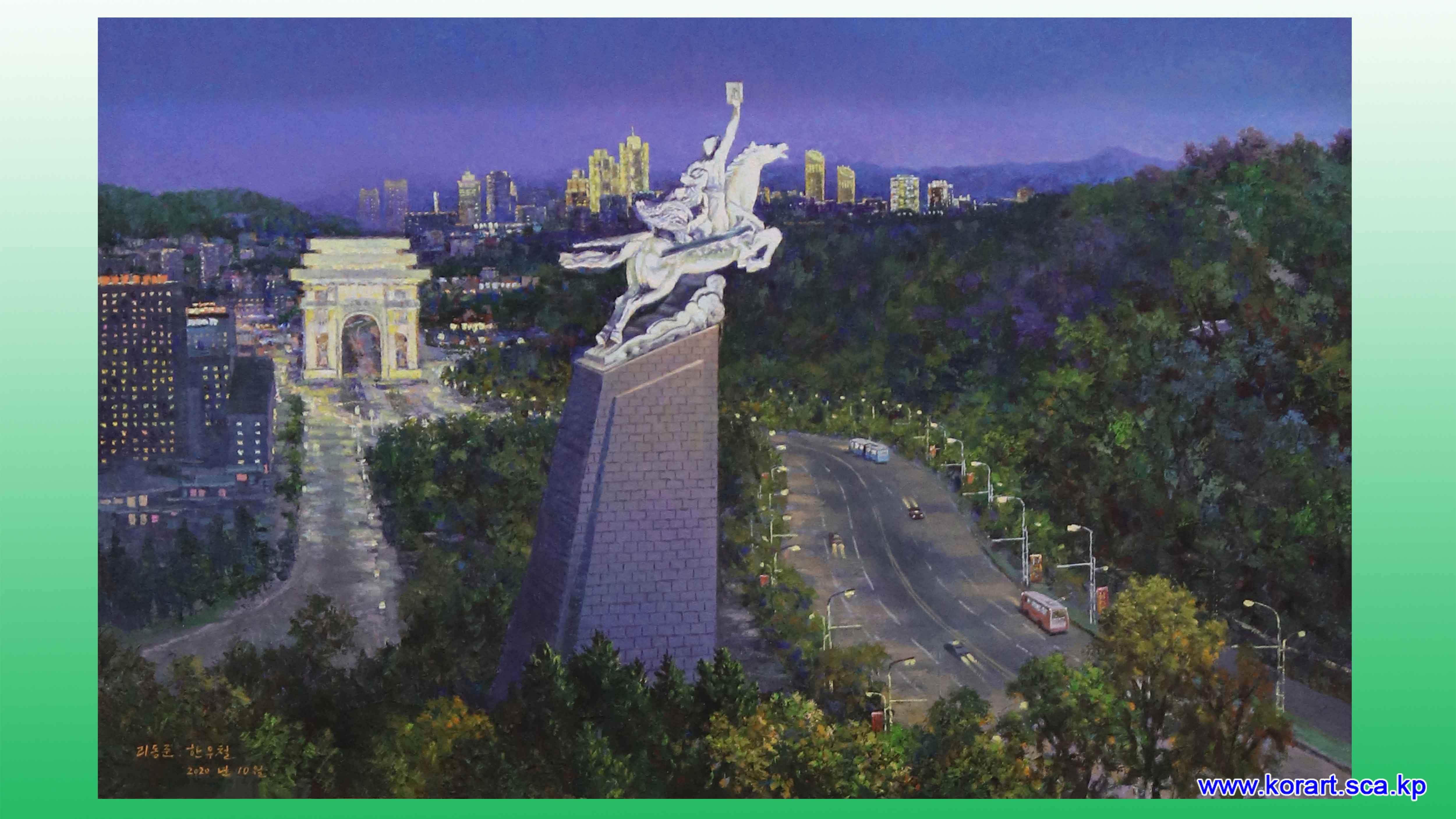 Oil painting The capital city of Pyongyang at night