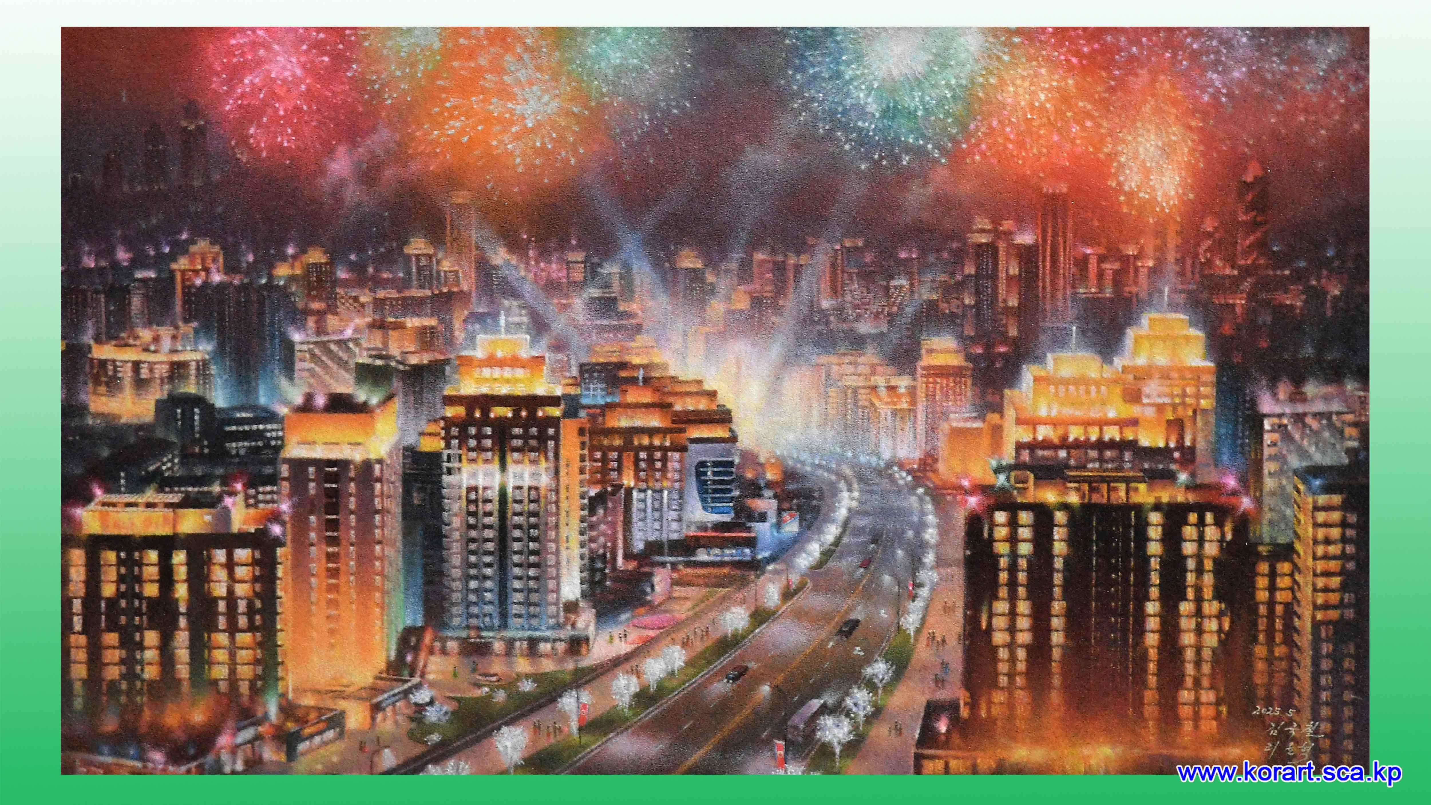 Korean jewel painting Dazzling fireworks display in an ideal street for the people